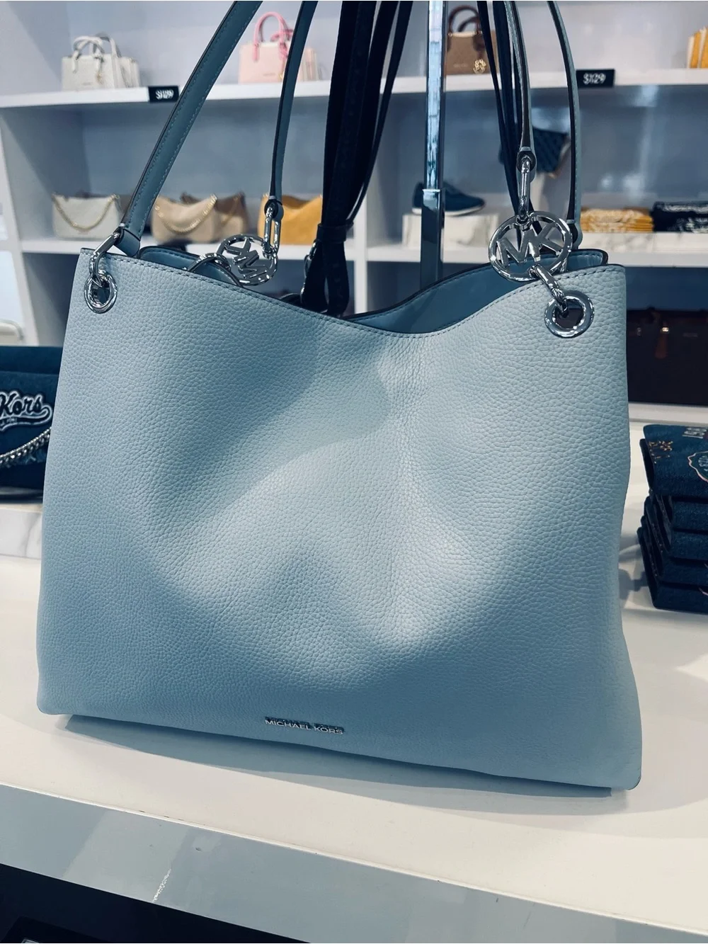 Michael Kors Christina Large Pebbled Leather Shoulder Tote Bag Pale Ocean  NWT
